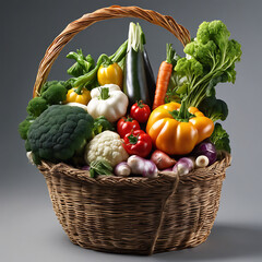 vegetable on a basket including carrot broccoli lettuce tomatoes radishes 