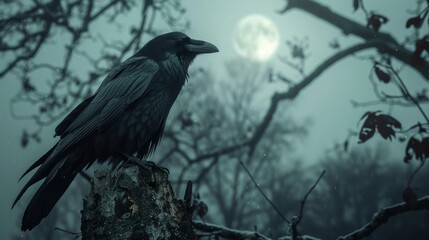 Fototapeta premium Creepy Raven Moonlit Night Gothic Tree