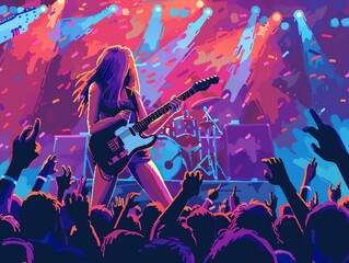 A girl playing an electric guitar on stage at a rock concert, pixel crowd cheering - obrazy, fototapety, plakaty