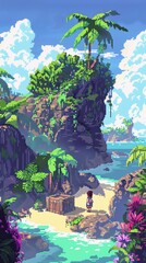 A girl treasure hunting on a pixel art tropical island, palm trees and hidden chests