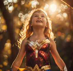 Blonde girl in Wonder Woman costume plays joyfully in park with sunlight and bokeh.