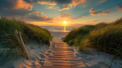 Wooden path leading to the sea with sunset, grassy sand dunes, summer time, golden hour light