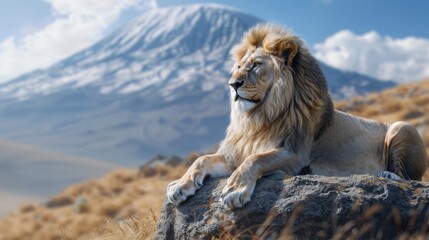 Naklejka premium Regal Lion Savanna Background Kilimanjaro