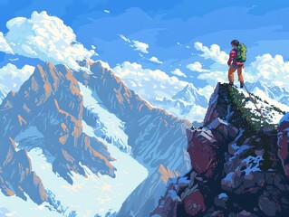 Pixel art of a girl as a mountain climber scaling a snowy peak, clear skies and rugged terrain