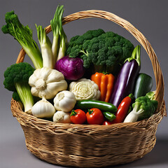 vegetable on a basket including carrot broccoli lettuce tomatoes radishes 