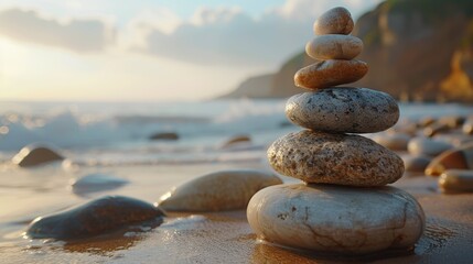 Fototapeta premium Zen Stones Pyramid Sandy Beach Balance Concept