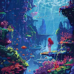 Pixel art of a girl exploring a magical underwater city, colorful coral reefs and mystical sea creatures