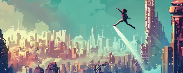 Pixel art of a girl flying with a jetpack over a futuristic city