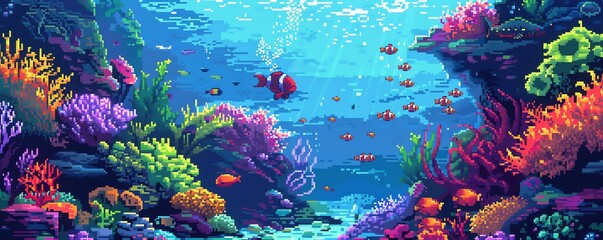 Fototapeta na wymiar Pixel art of a girl scuba diving near a coral reef with colorful fish swimming around