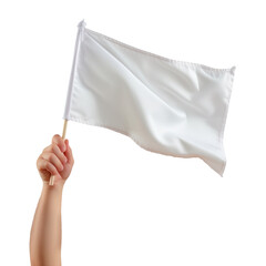 White flag in the hand of a child isolated on a white or transparent background. Close-up of a white flag in hand, side view. Graphic design element. Mockup