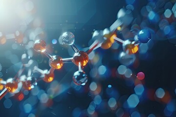 A 3D rendering of a molecule with a blue and orange color scheme.