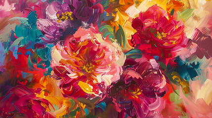 Vibrant blooms of abstract flowers come alive on canvas through expressive oil brushstrokes. - obrazy, fototapety, plakaty