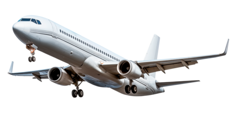 Taking off airplane isolated on a white or transparent background. Close-up of a white airplane, side view. Concept of vacation, traveling abroad. Graphic design element.