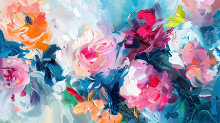 Vibrant blooms of abstract flowers come alive on canvas through expressive oil brushstrokes. - obrazy, fototapety, plakaty