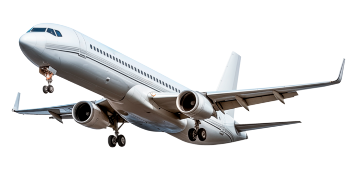 Taking off airplane isolated on a white or transparent background. Close-up of a white airplane, side view. Concept of vacation, traveling abroad. Graphic design element.