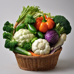 vegetable on a basket including carrot broccoli lettuce tomatoes radishes 