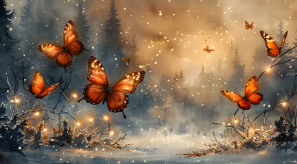 Frosty Flutter: Butterflies Amidst Twinkling Christmas Lights in Watercolor