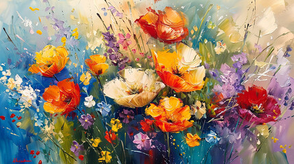 Obraz na płótnie Canvas Vivid and dynamic, this abstract oil painting captures the essence of flowers in full bloom.