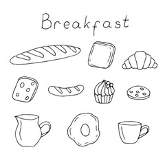Breakfast set, vector illustration, hand drawing, doodles