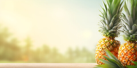  Pineapples on the wooden in blur green background, Art photo of a ripe golden pineapple on the background of tropical nature, Pineapple Decorations Chinese new year background
  - obrazy, fototapety, plakaty