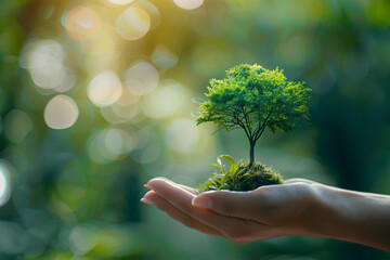 Artistic photograph showcasing a human hand and a prominent green tree graphic, embodying the essence of ESG (Environmental, Social, Governance) principles.