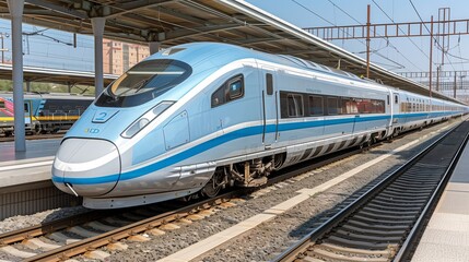 Fototapeta premium A train travels along the railroad tracks