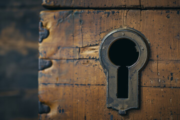 A vintage-looking keyhole on a plain wooden box, hinting at secrets waiting to be uncovered.