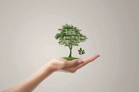 Minimalistic depiction of a hand holding an ESG tree emblem, conveying the integration of sustainability into modern society.