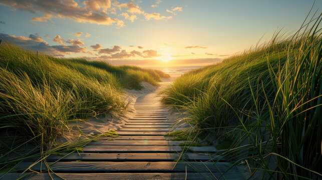 Wooden path leading to the sea with sunset, grassy sand dunes, summer time, golden hour light