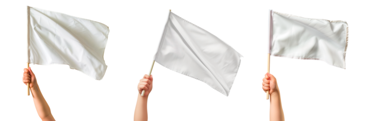 Set of white flags in the hand of a children isolated on a white or transparent background. Close-up of a white flags in hand, side view. Graphic design element. Mockup.