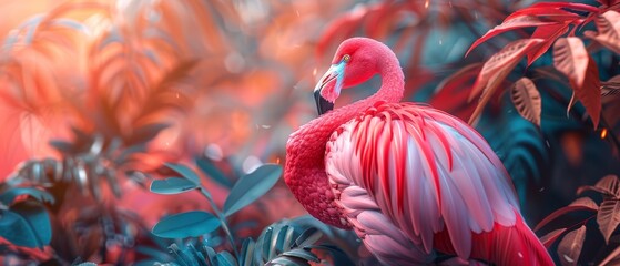 A pink flamingo is standing in a lush green forest - obrazy, fototapety, plakaty