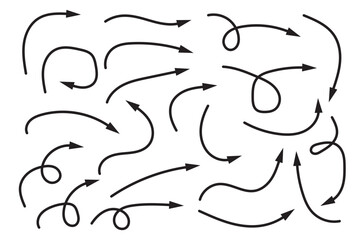 Hand drawn arrow black element vector set . Collection of doodle arrows, lines, symbol, pointing mark, shapes on white background. Simple icon illustration for education, decoration, map. In eps 10.
