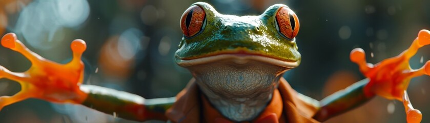 A frog with red and orange spots is standing in front of a tree - obrazy, fototapety, plakaty