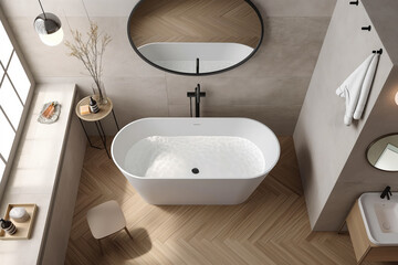 Fototapeta premium Modern Bathroom with Freestanding Tub. Minimalist Bathroom Design with Round Mirror