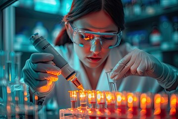 A female scientist wearing a lab coat and safety goggles is working in a laboratory. She is holding a pipette and a test tube.