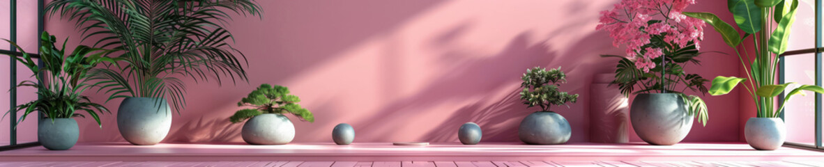 Artistic 3D render depicting a cozy shelf adorned with springtime floral elegance