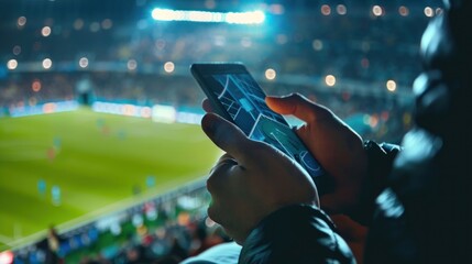 Online soccer bets being placed by a man on his cell phone - obrazy, fototapety, plakaty