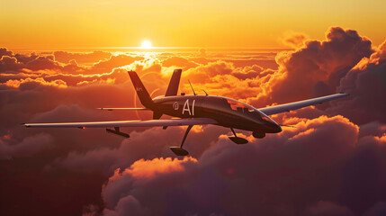 Against a vibrant sunset sky, an advanced aircraft-type drone maneuvers effortlessly with the bold 