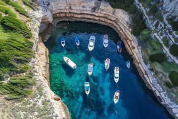 Mesmerizing overhead perspective of Stiniva cove's natural beauty juxtaposed with the presence of tourist boats, Vis Island, Dalmatia, Croatia.