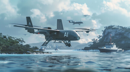 Fototapeta na wymiar Overlooking a coastal defense zone, an agile military drone adorned with the bold 