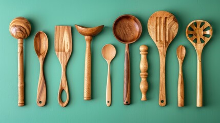 Kitchen utensils made of wood on a green backdrop