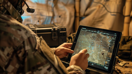 In a tactical command post, military personnel study mission updates on a tablet next to a deployed Starlink antenna, demonstrating real-time data access and communication capabili - obrazy, fototapety, plakaty