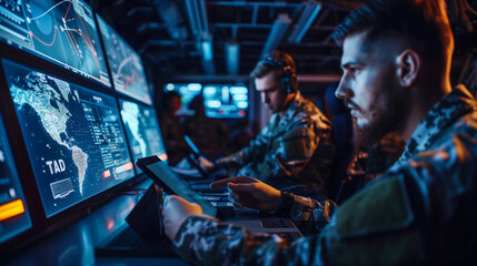 Fototapeta na wymiar In a strategic communications hub, officers review satellite connectivity status on a tablet next to a Starlink antenna, showcasing the reliability and speed of space-based interne