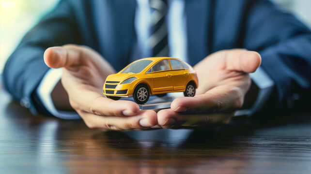 A picture of a car model in the hands of an insurance company employee for advertising