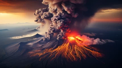 Fotobehang Aerial view of an erupting volcano at sunset, with the red and orange lava glowing against the darkening sky © Anuwat