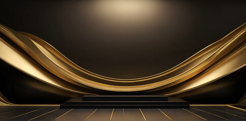Black podium background 3D product stage, golden wave lines and platform for product display. an...