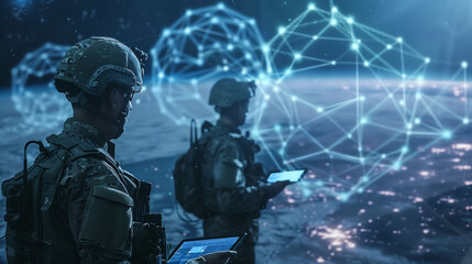 Against a panoramic backdrop, military personnel engage with a tablet interface for strategic planning while utilizing the reliable connectivity of a Starlink antenna, exemplifying - obrazy, fototapety, plakaty