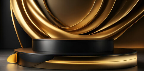 Golden podium background 3D product stage, golden wave lines and platform for product display. an abstract platform for product presentation. podium for advertising. Empty pedestal 3D model