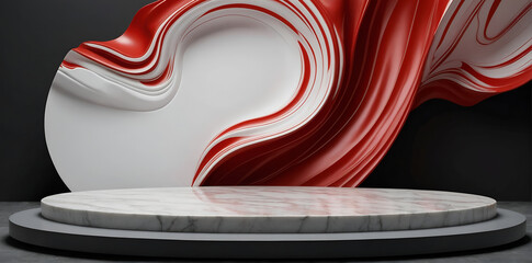 Abstract white podium background 3D product stage, Abstract white and red wave lines and platform...
