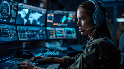 In a fortified operations center, a capable female officer multitasks at a control panel, wearing headphones to communicate with deployed units and analyzing mission-critical data